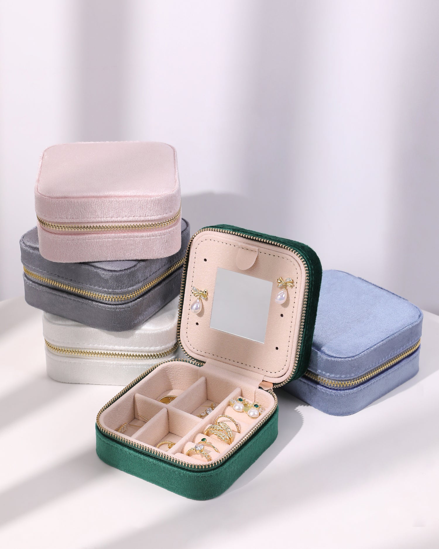 Velvet Square Mirror Travel Jewelry Box