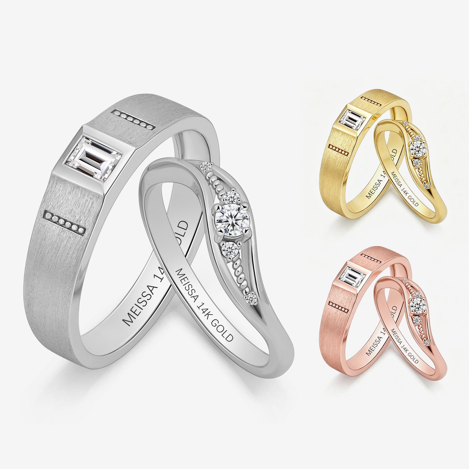 Radiant Duo Couple Rings in Solid Gold