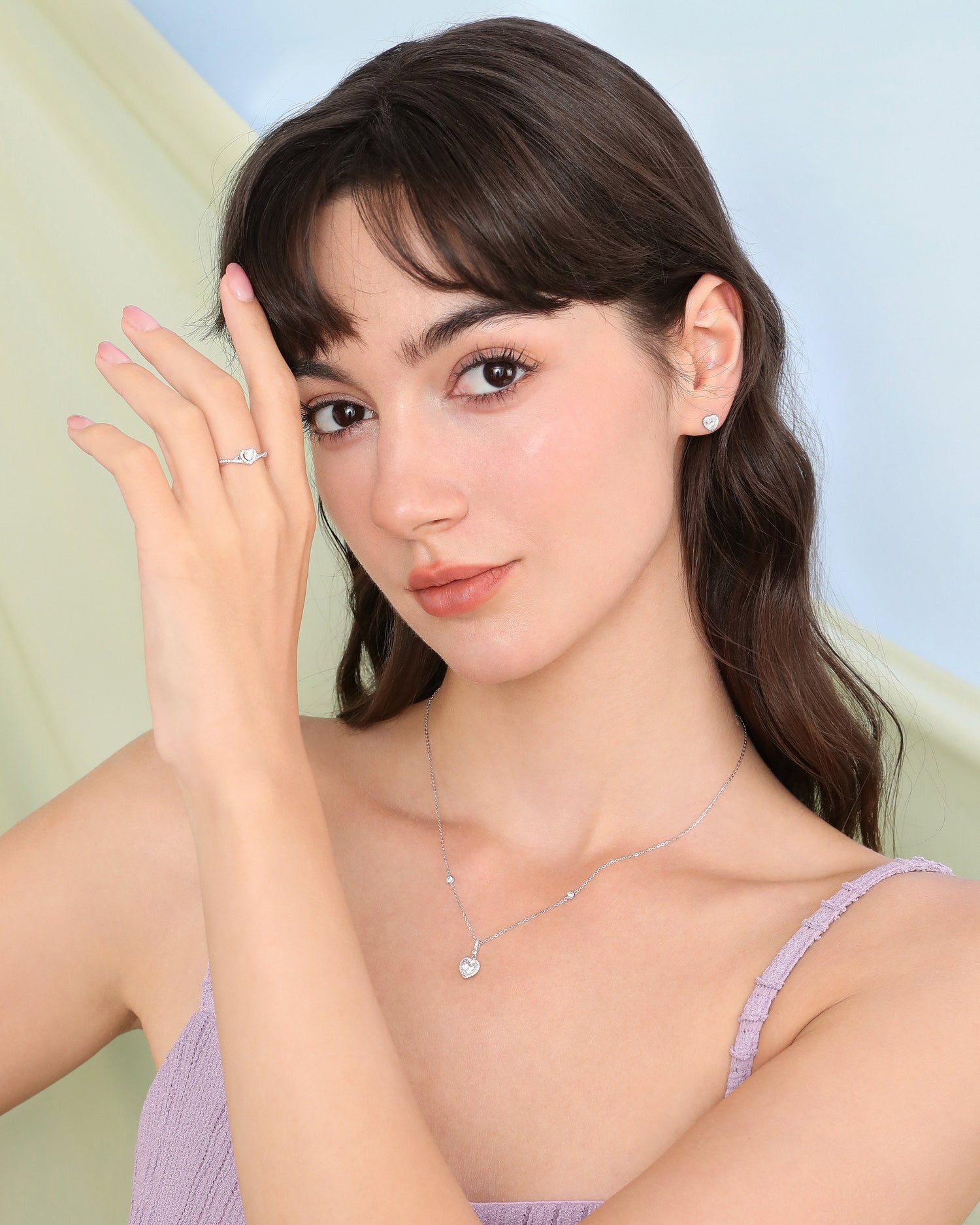 Diamond Heart Earrings & Necklace Jewelry Set