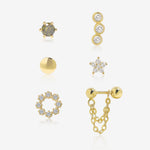 Front view of Minimalist Touch Earrings Set in 925 sterling silver with six minimalist earring designs.