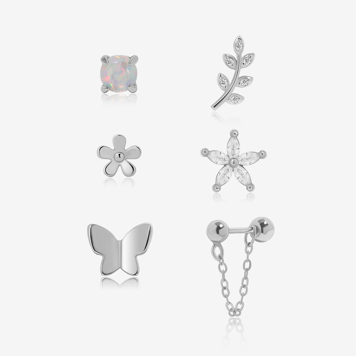 Front view of Spring Meadow Earrings Set in 925 sterling silver with six nature-inspired earring designs.