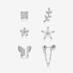 Front view of Spring Meadow Earrings Set in 925 sterling silver with six nature-inspired earring designs.