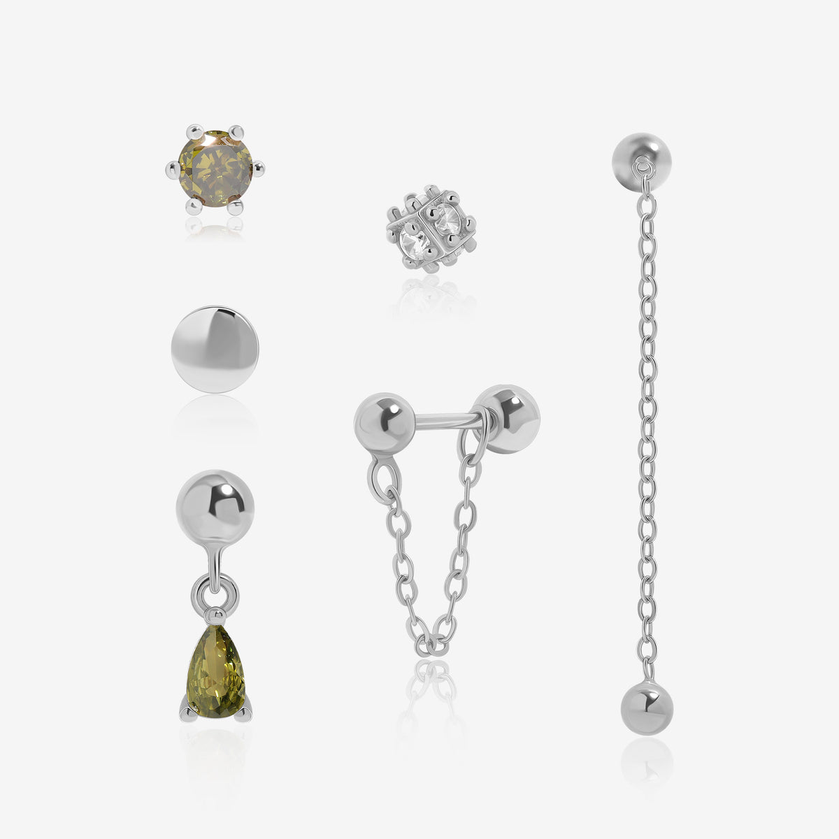 Front view of Chain Chic Earrings Set in 925 sterling silver with six mixed stud, drop and chain designs.
