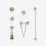 Front view of Chain Chic Earrings Set in 925 sterling silver with six mixed stud, drop and chain designs.