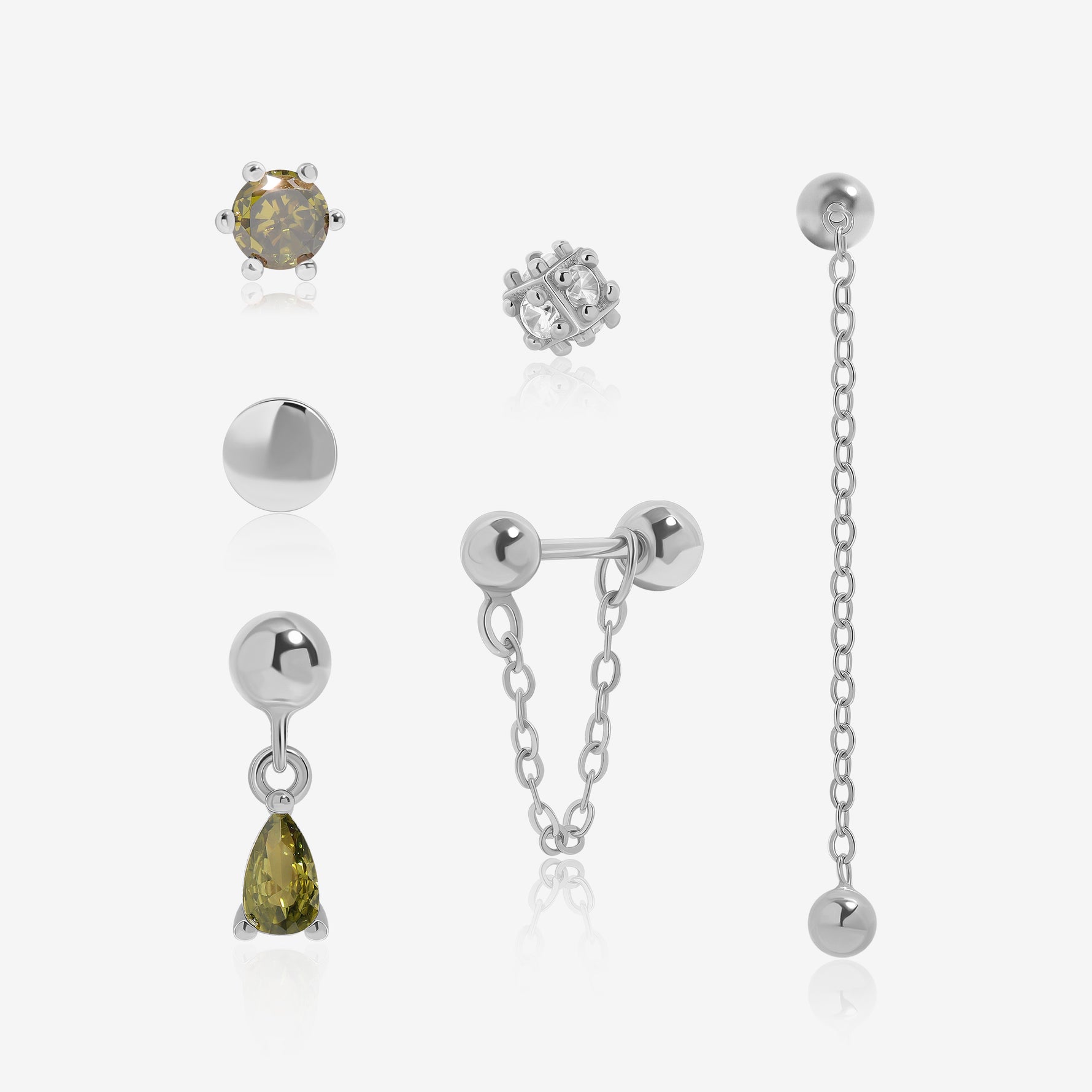 Front view of Chain Chic Earrings Set in 925 sterling silver with six mixed stud, drop and chain designs.