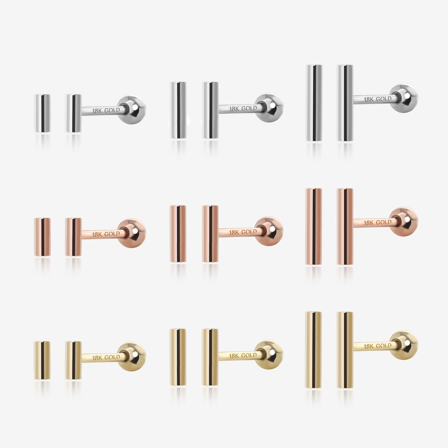 18K Solid Gold Tube Bar Screw Back Earrings
