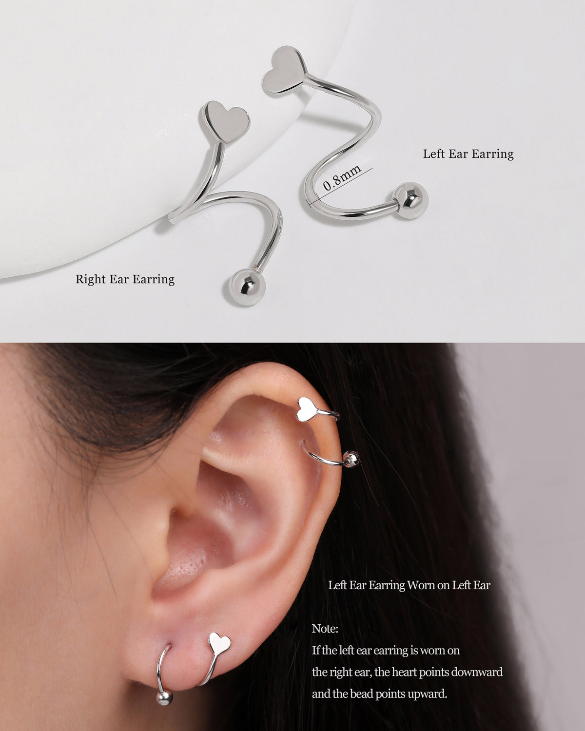 Heart Spiral Screw Back Earrings  showing left and right ear designs with 0.8 mm gauge and an on-ear example demonstrating the heart and ball orientation.