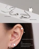 Star Spiral Screw Back Earrings showing left and right ear designs, 0.8 mm post thickness, screw ball backs, and wearing direction on the ear.