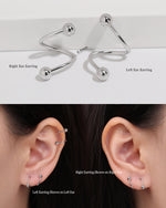 Ball Spiral Screw Back Earrings showing left and right ear versions, 0.8 mm gauge, and how each mirrored earring appears when worn.