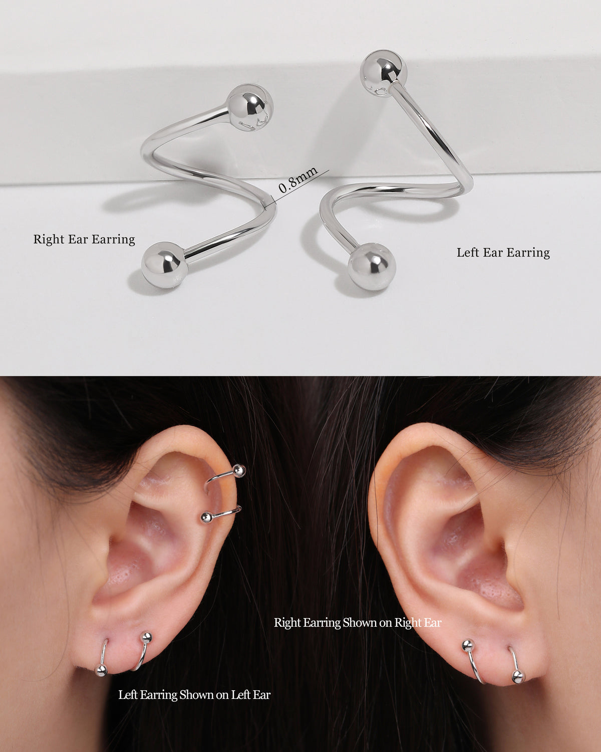 Ball Spiral Screw Back Earrings showing left and right ear versions, 0.8 mm gauge, and how each mirrored earring appears when worn.