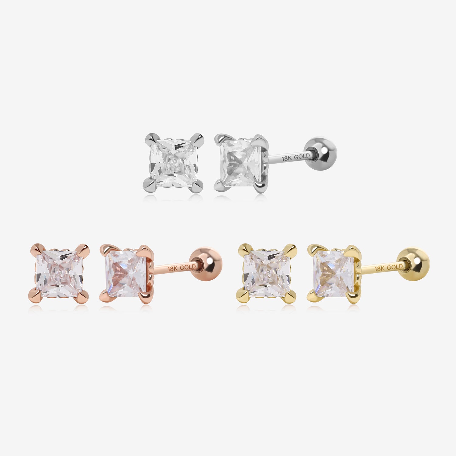 18K Solid Gold Square Diamond Screw Back Earrings