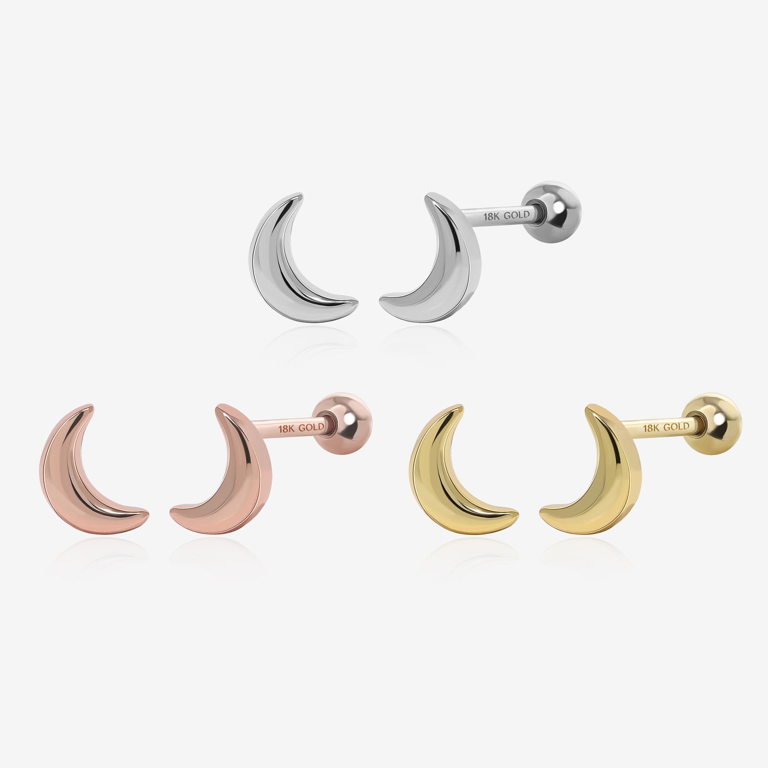 18K Solid Gold Moon Screw Back Earrings