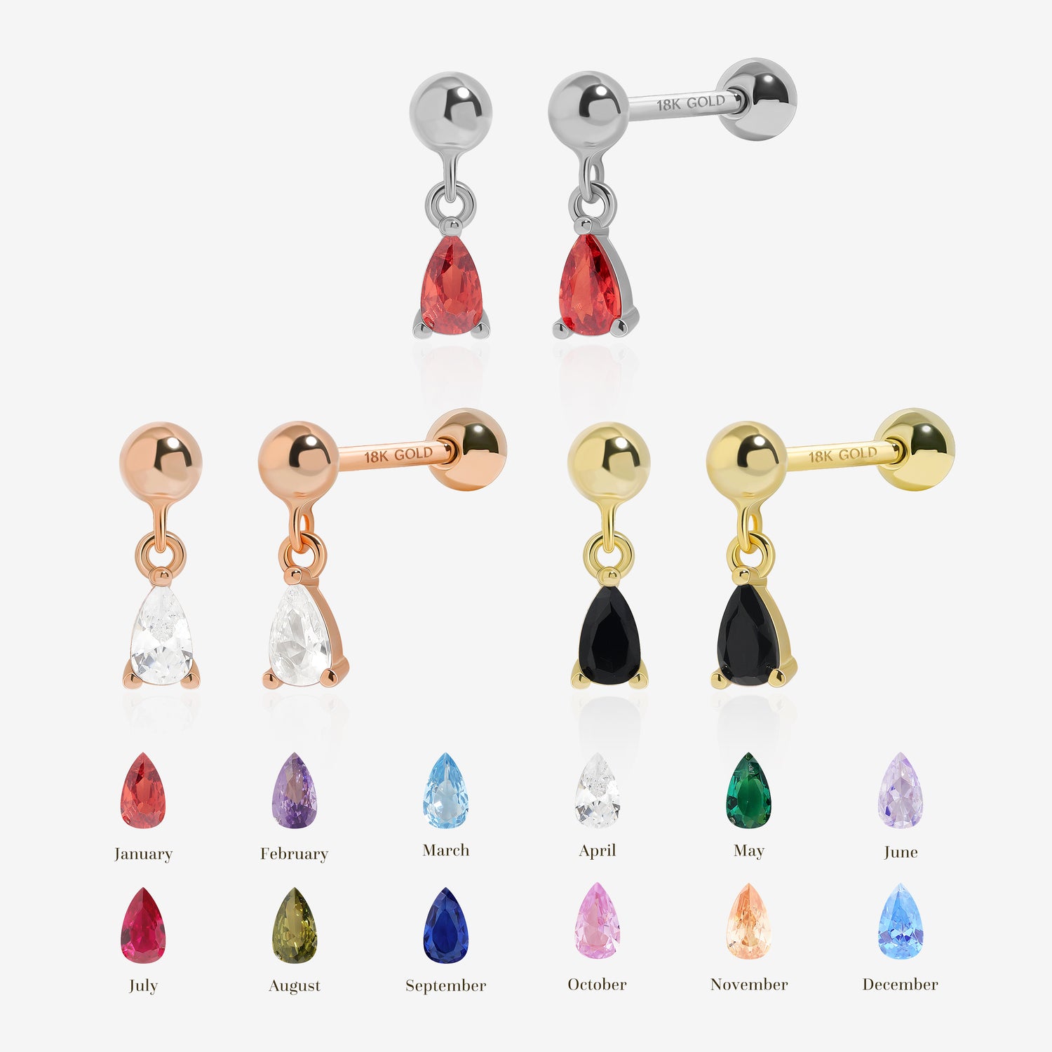 18K Solid Gold Birthstone Teardrop Screw Back Earrings