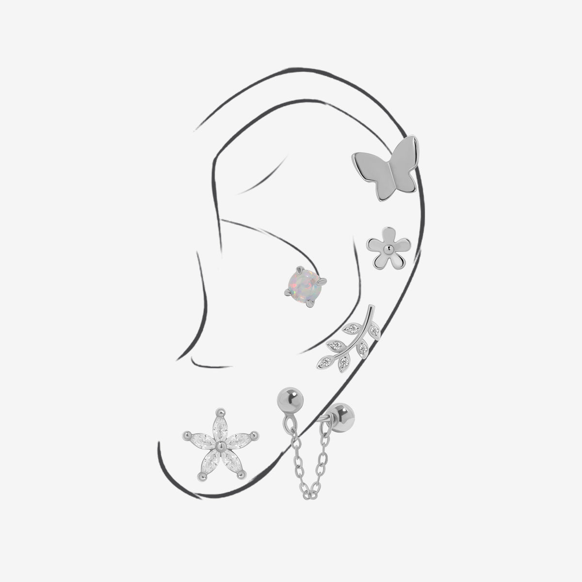 Spring Meadow Earrings Set in 925 sterling silver with butterfly, flower, opal, leaf and chain designs.