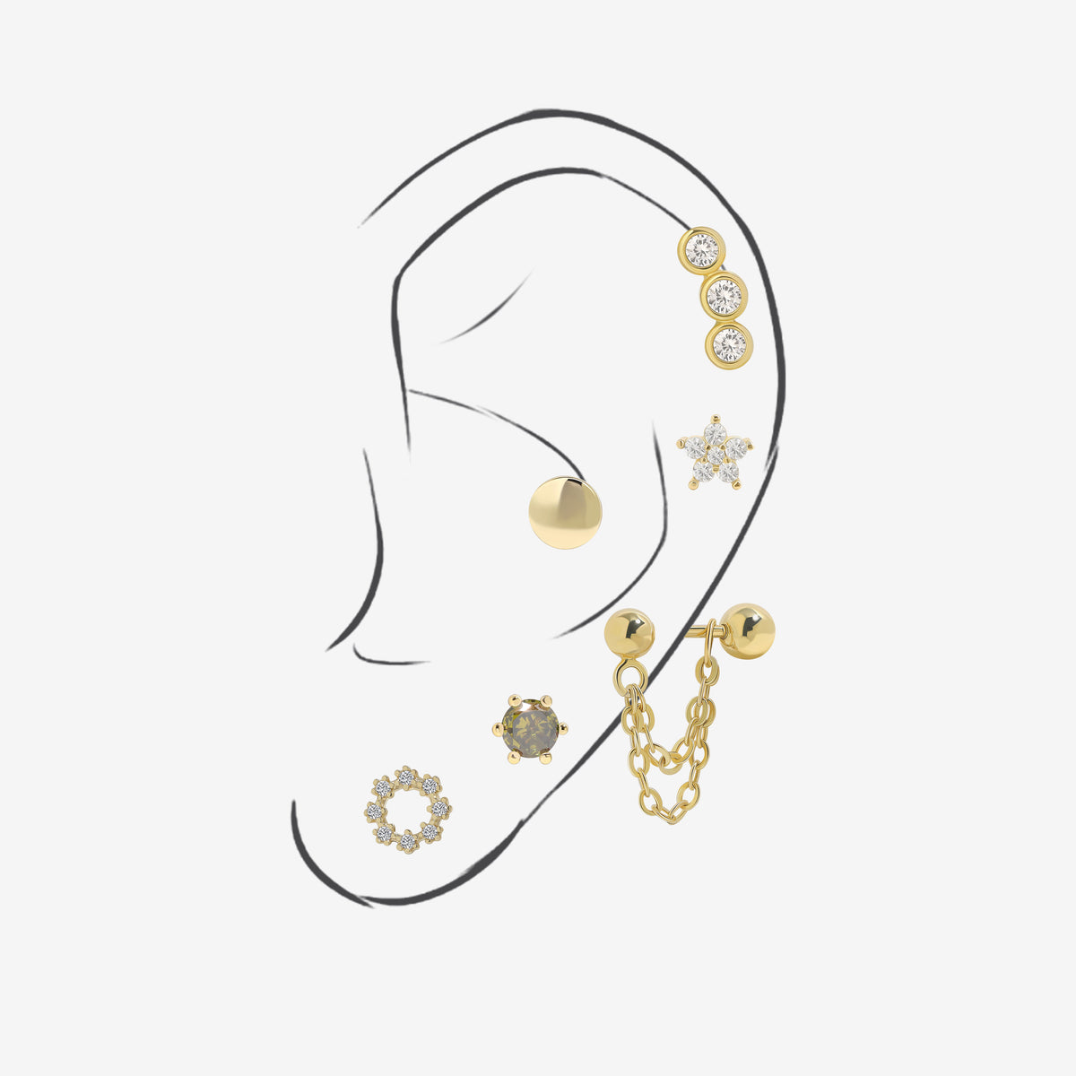 Minimalist Touch Earrings Set in 925 sterling silver with gold-tone studs, chain earring and cubic zirconia designs.