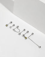 Chain Chic Earrings Set in 925 sterling silver with green stone, cubic zirconia, disc and chain styles with ball backs.