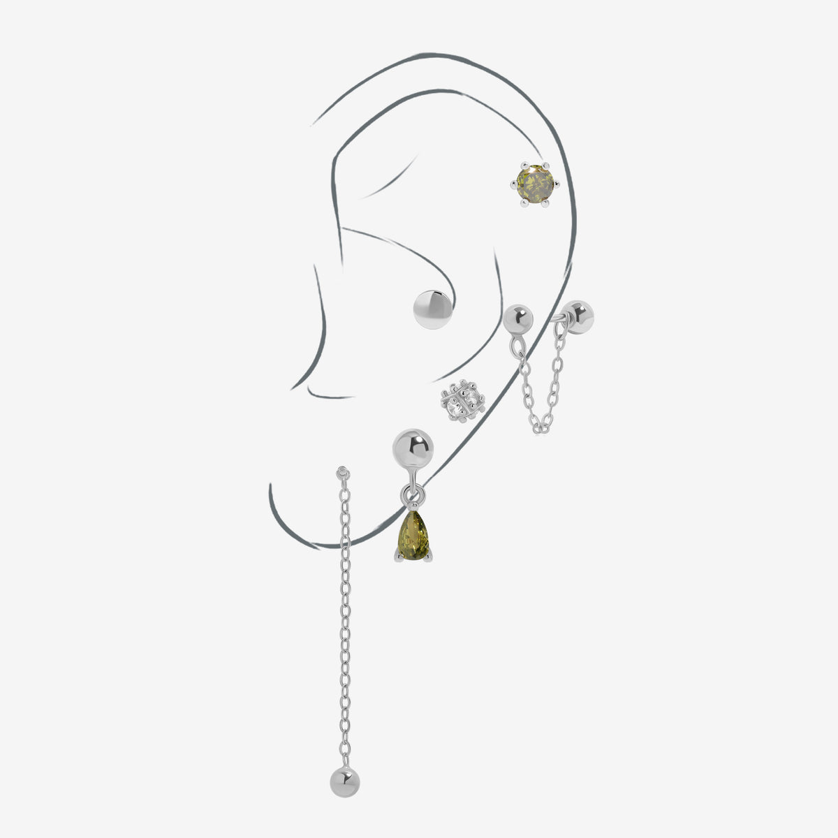 Chain Chic Earrings Set in 925 sterling silver with green and clear cubic zirconia, disc and chain designs.