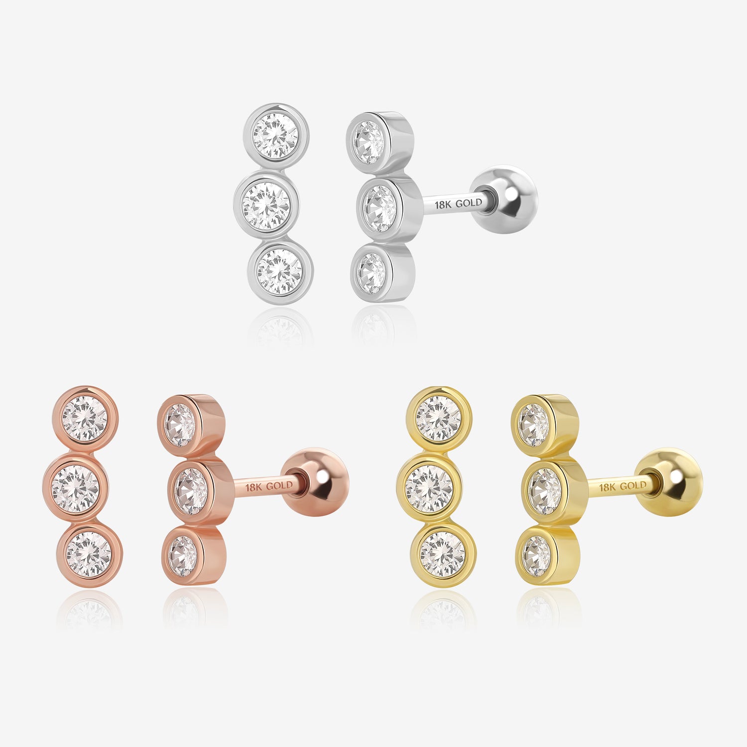 18K Solid Gold Triple Bling Screw Back Earrings