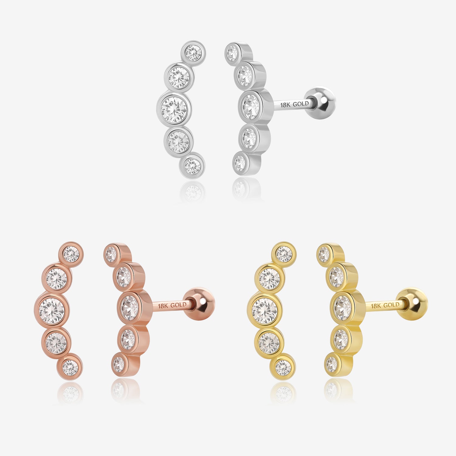 18K Solid Gold Radiant Cascade Screw Back Earrings