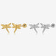 Dragonfly-inspired screw back stud earrings featuring pavé cubic zirconia wings and polished curved body design, available in gold and silver finishes with 18K gold threaded post and flat back closure on a clean white background.