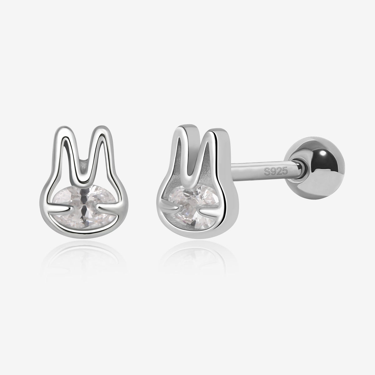 Meissa Bunny Sparkle Screw Back Earrings in 925 sterling silver with clear cubic zirconia, shown from front and side with a round screw back.