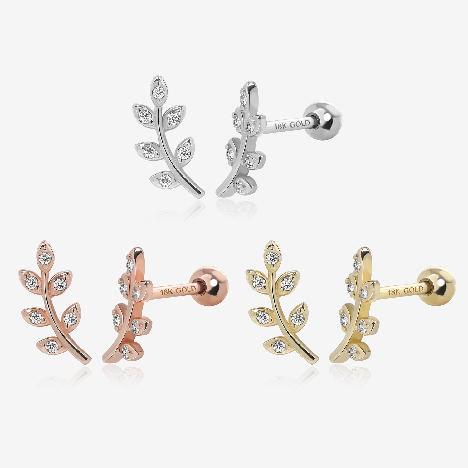 18K Solid Gold Elegant Leaf Screw Back Earrings