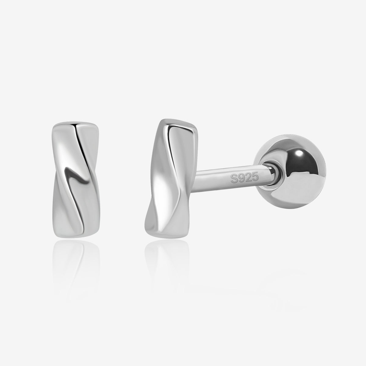 Twist Bar Screw Back Earrings in 925 sterling silver shown from front and side views with polished twisted bar fronts, S925 post, and round screw back closure.