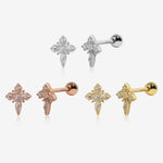 Cross Sparkle Screw Back Earrings in silver, rose gold, and gold colors, shown from front and side views with cubic zirconia accents and S925 screw back posts.