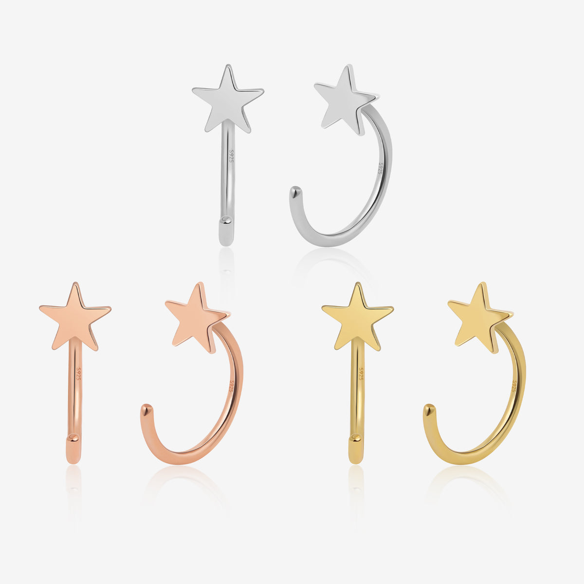 Star Arc Huggie Hoop Earrings in silver, rose gold, and gold colors shown from front and side angles with S925 markings and open hoop design.