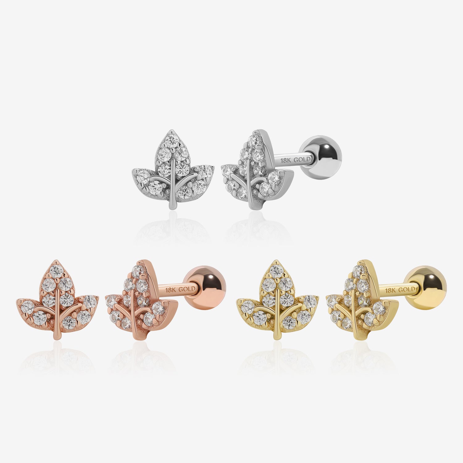 18K Solid Gold Sparkling Leaf Screw Back Earrings