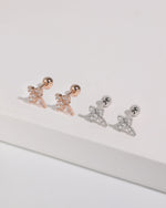 Cross Sparkle Screw Back Earrings in rose gold and silver, featuring sparkling cubic zirconia cross designs and round screw back closures.