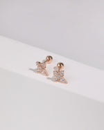 Pair of rose gold Cross Sparkle Screw Back Earrings with sparkling cubic zirconia cross fronts and polished round screw backs.