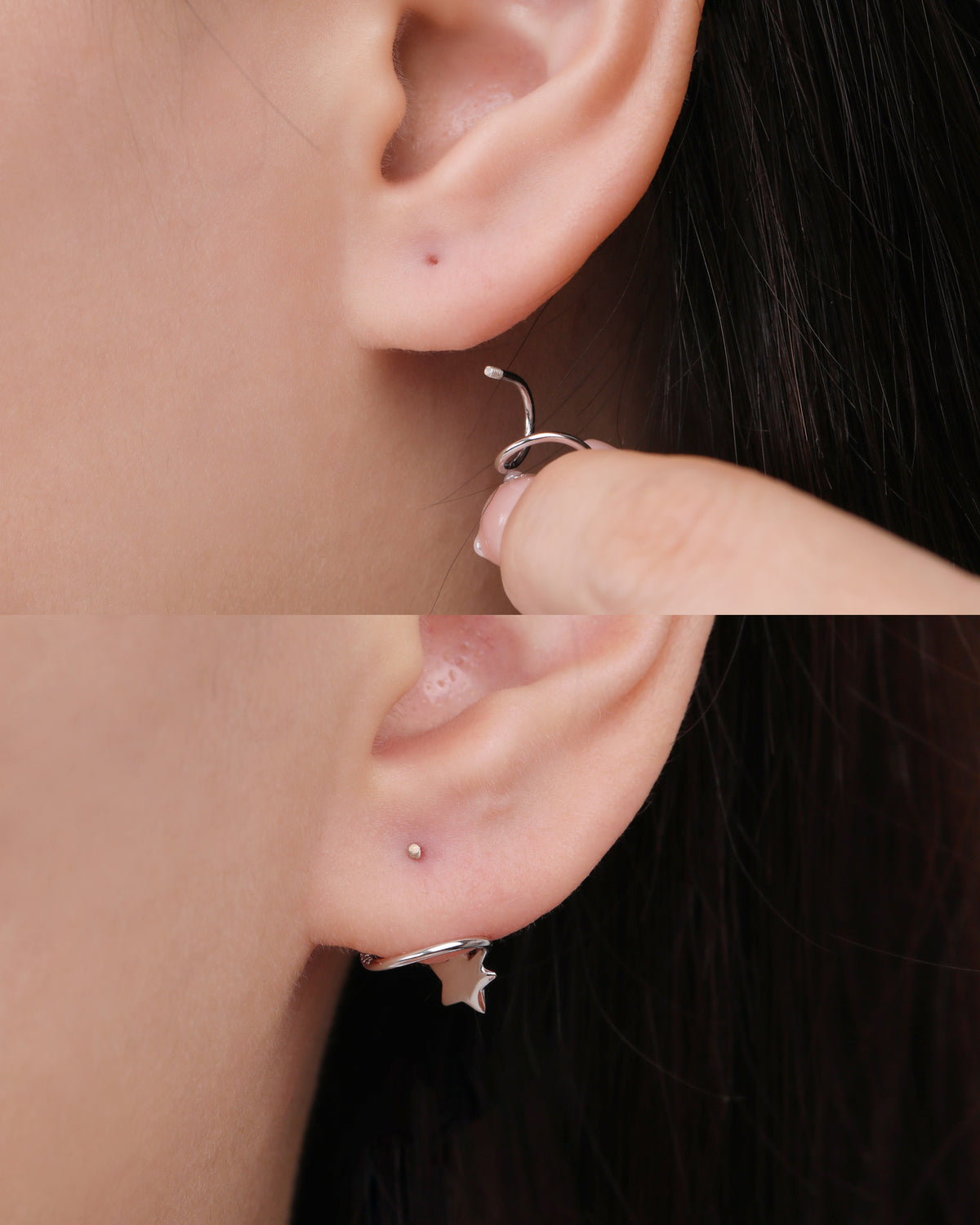 Star Spiral Screw Back Earrings shown being inserted through an ear piercing, demonstrating the curved spiral post and screw-back wearing design.
