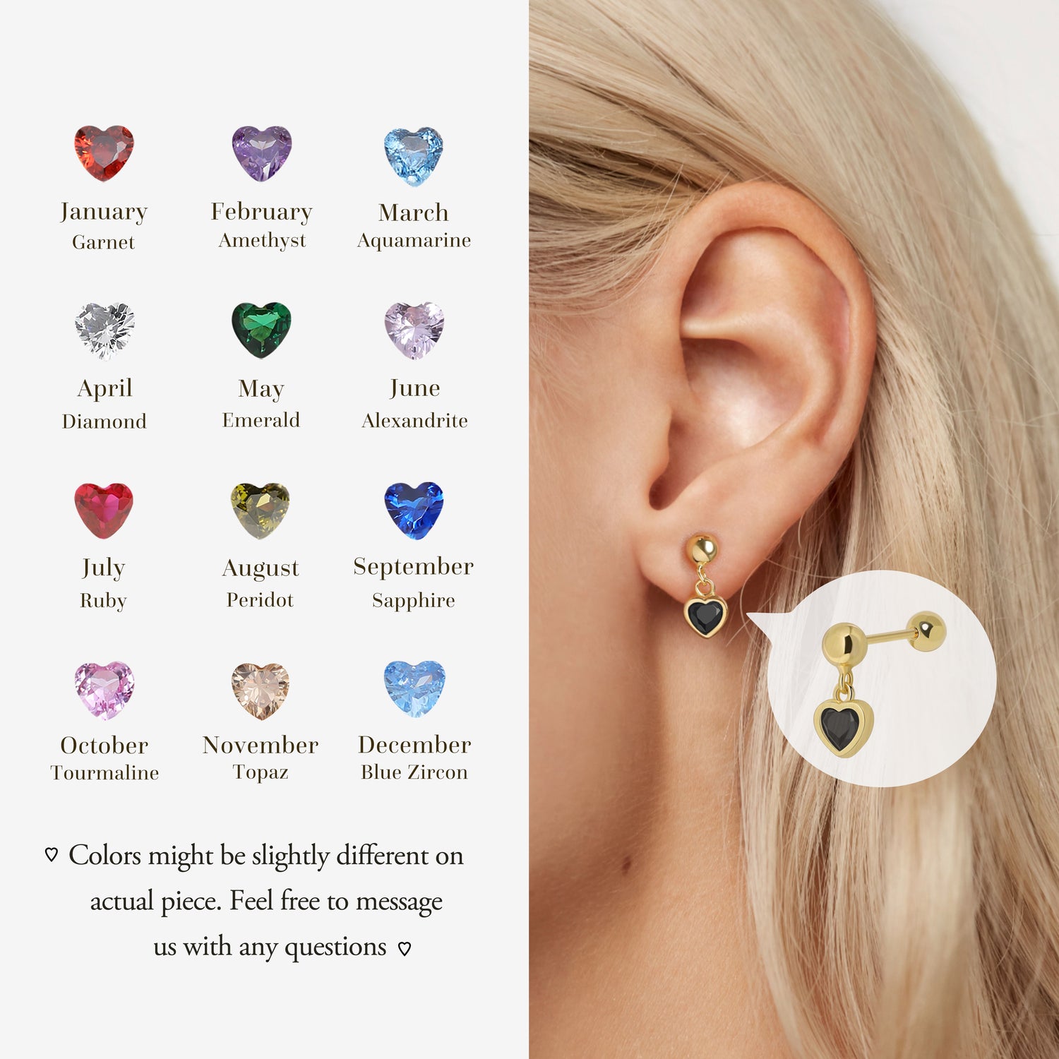 Birthstone Heart Screw Back Earrings