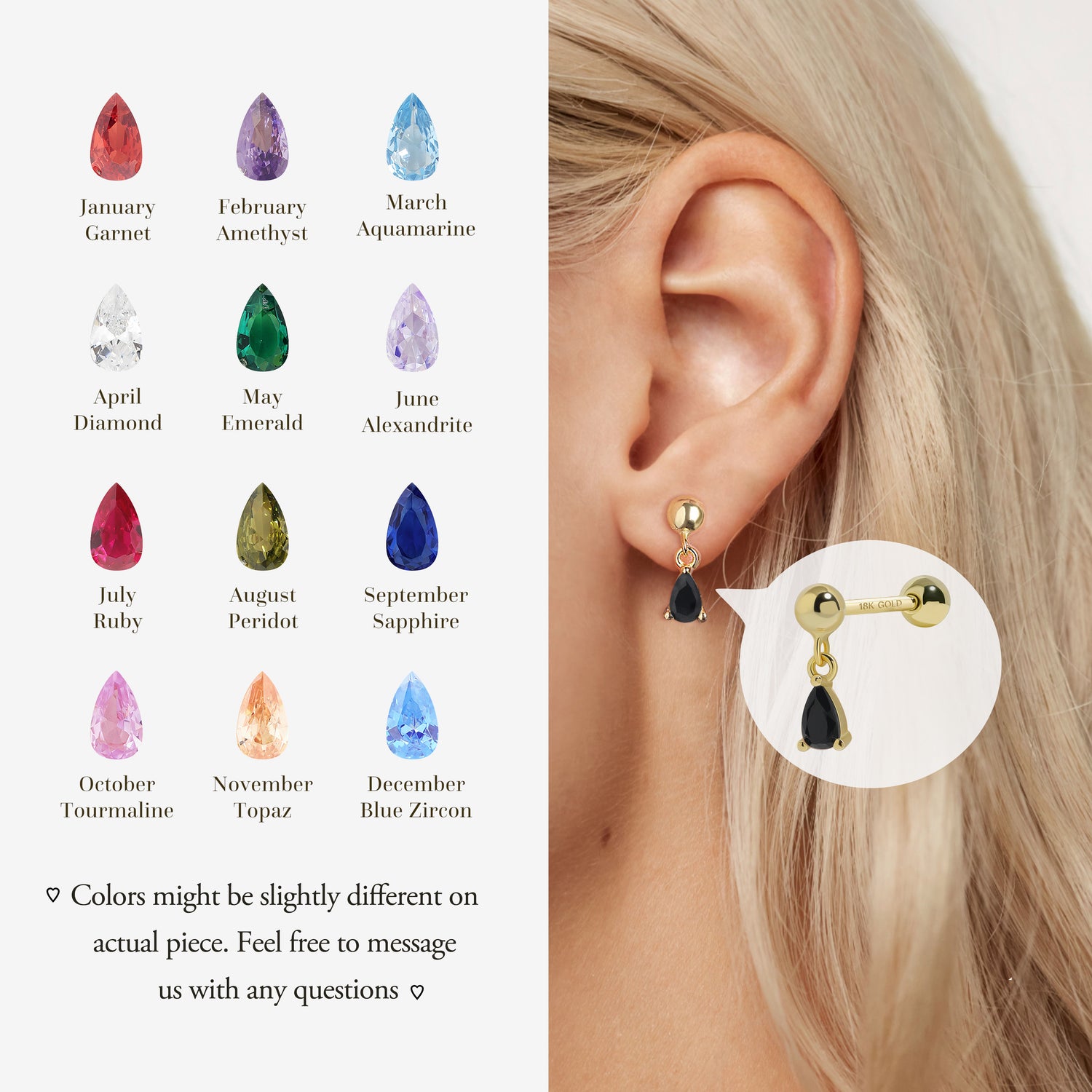 18K Solid Gold Birthstone Teardrop Screw Back Earrings