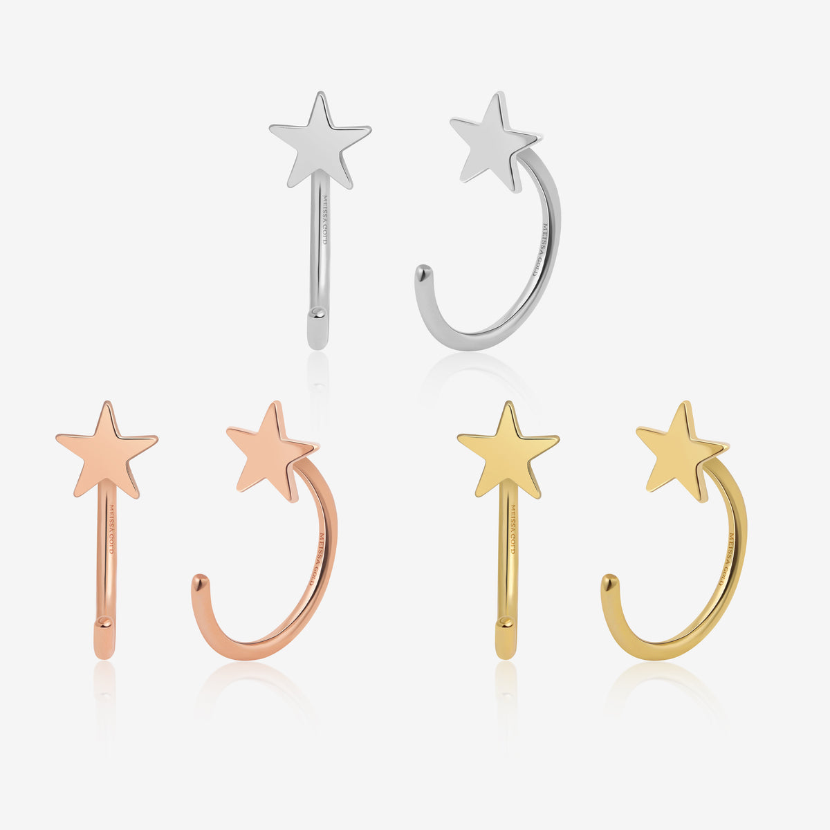 Star Arc Huggie Hoop Earrings in silver, rose gold, and gold colors shown from front and open hoop design.