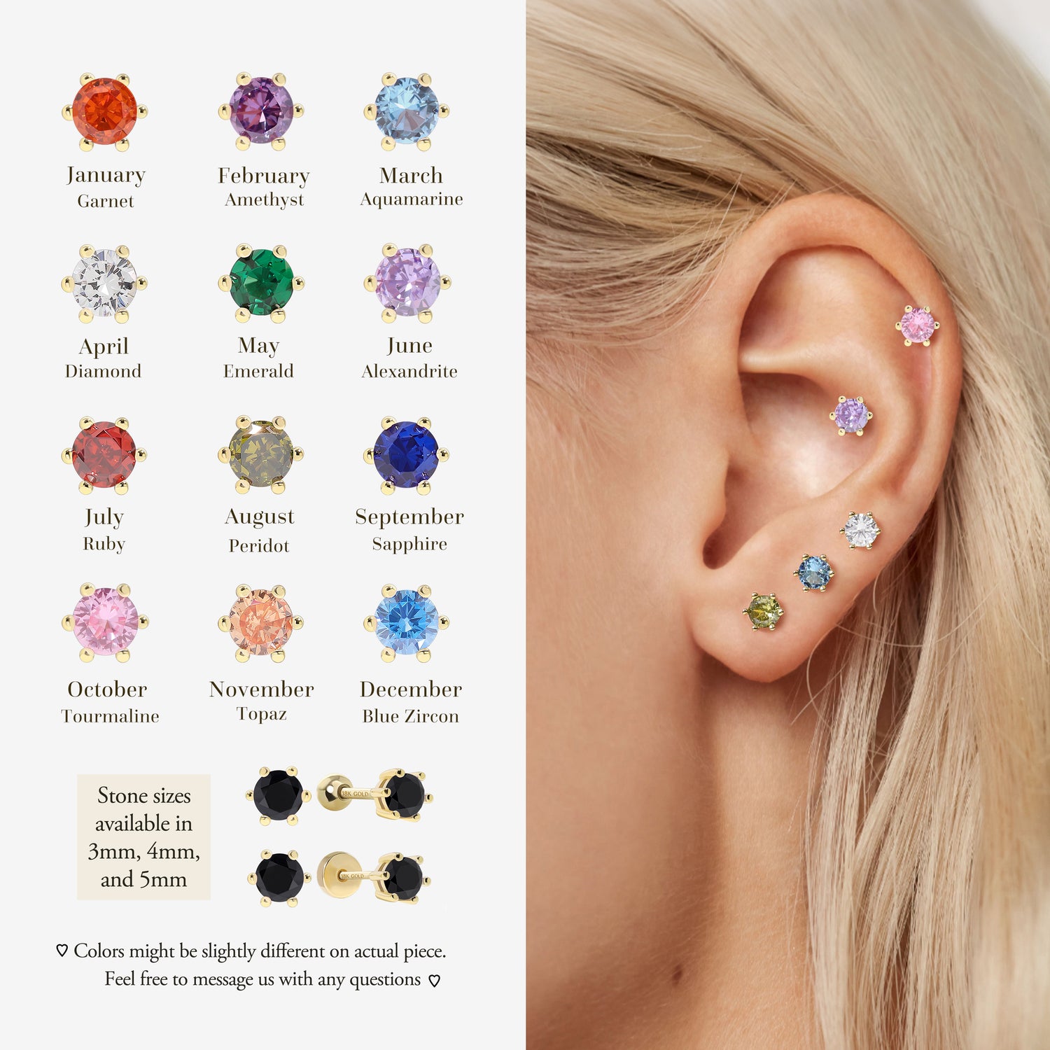 18K Solid Gold Birthstone Screw Flat Back Earrings