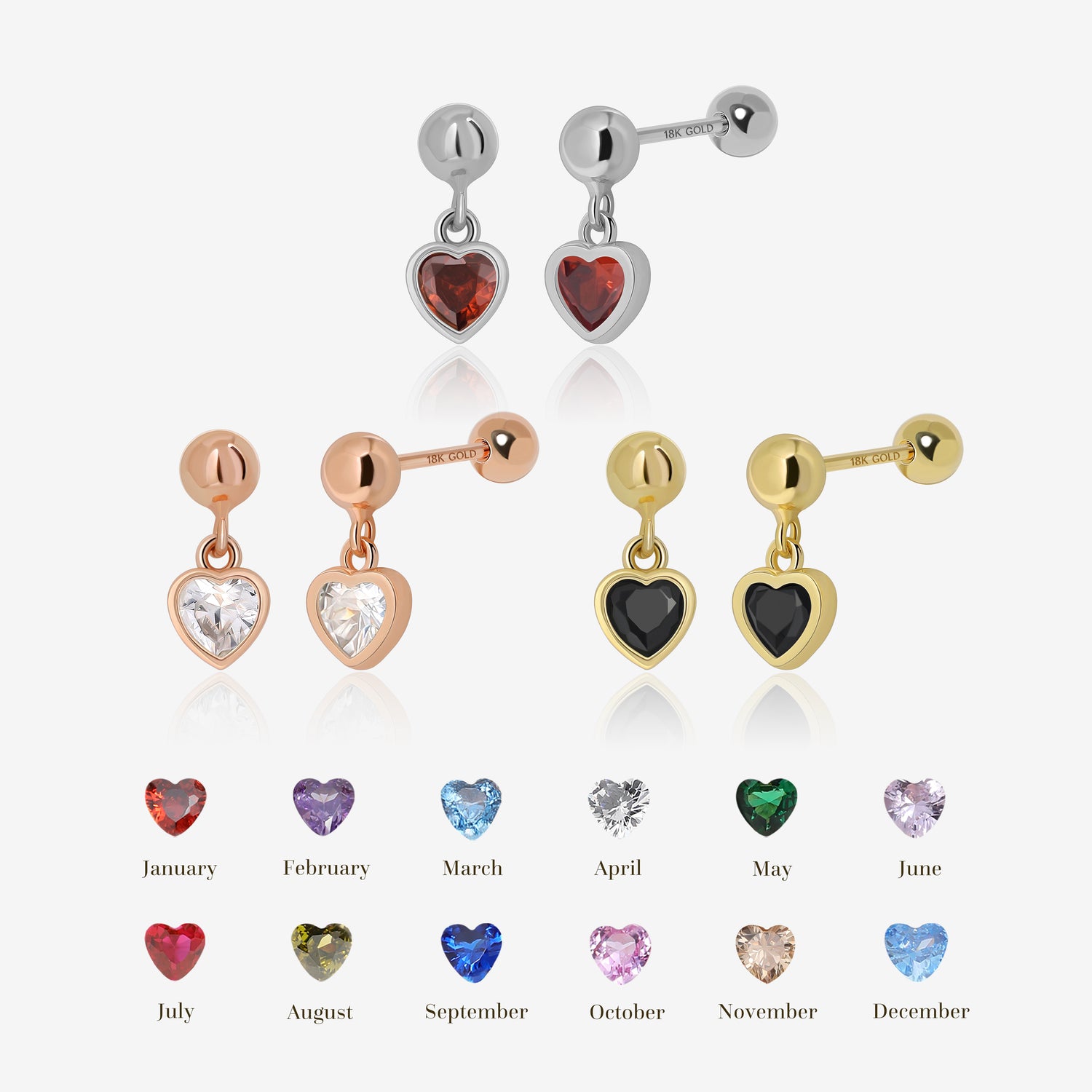 18K Solid Gold Birthstone Heart Screw Back Earrings