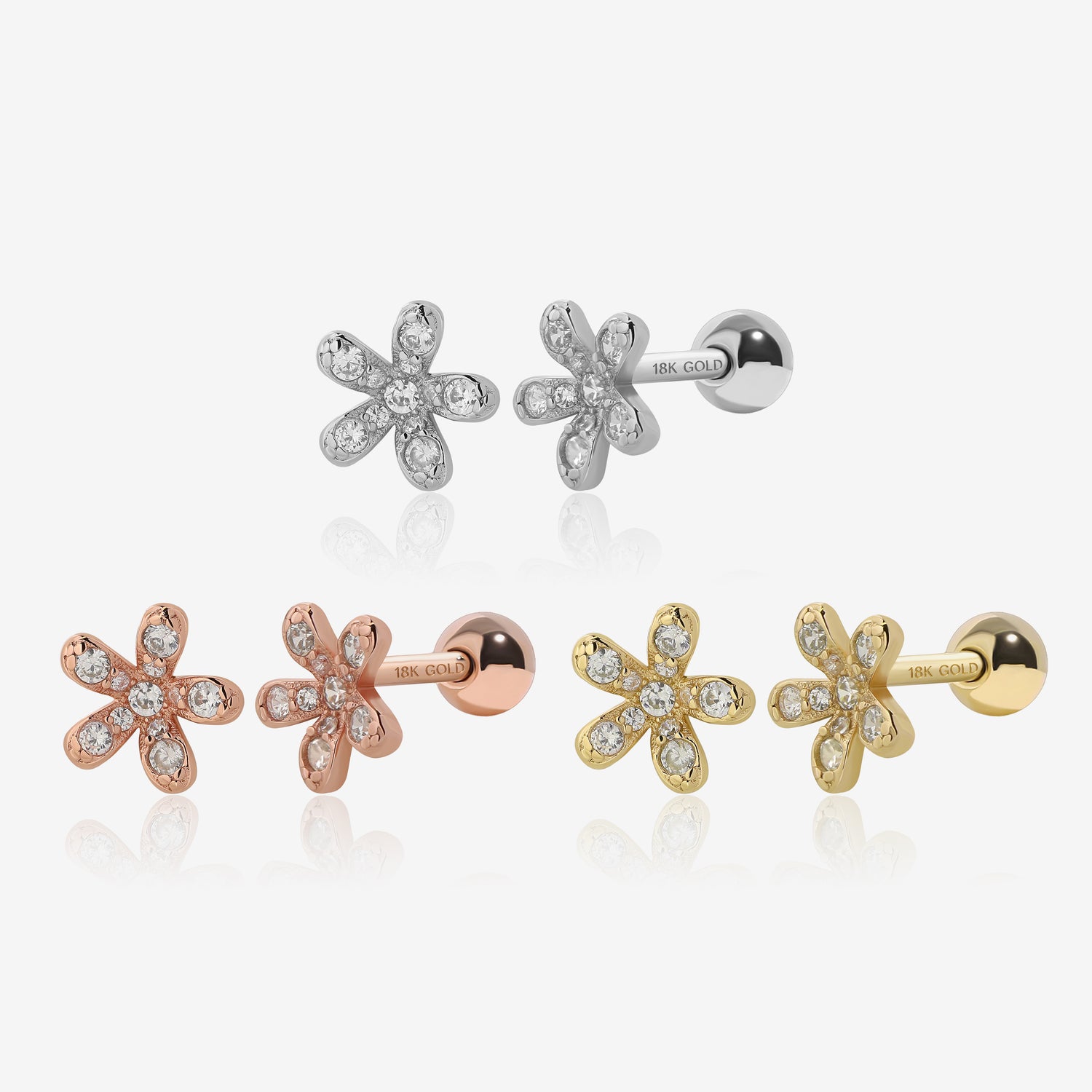 18K Solid Gold Daisy Screw Back Earrings