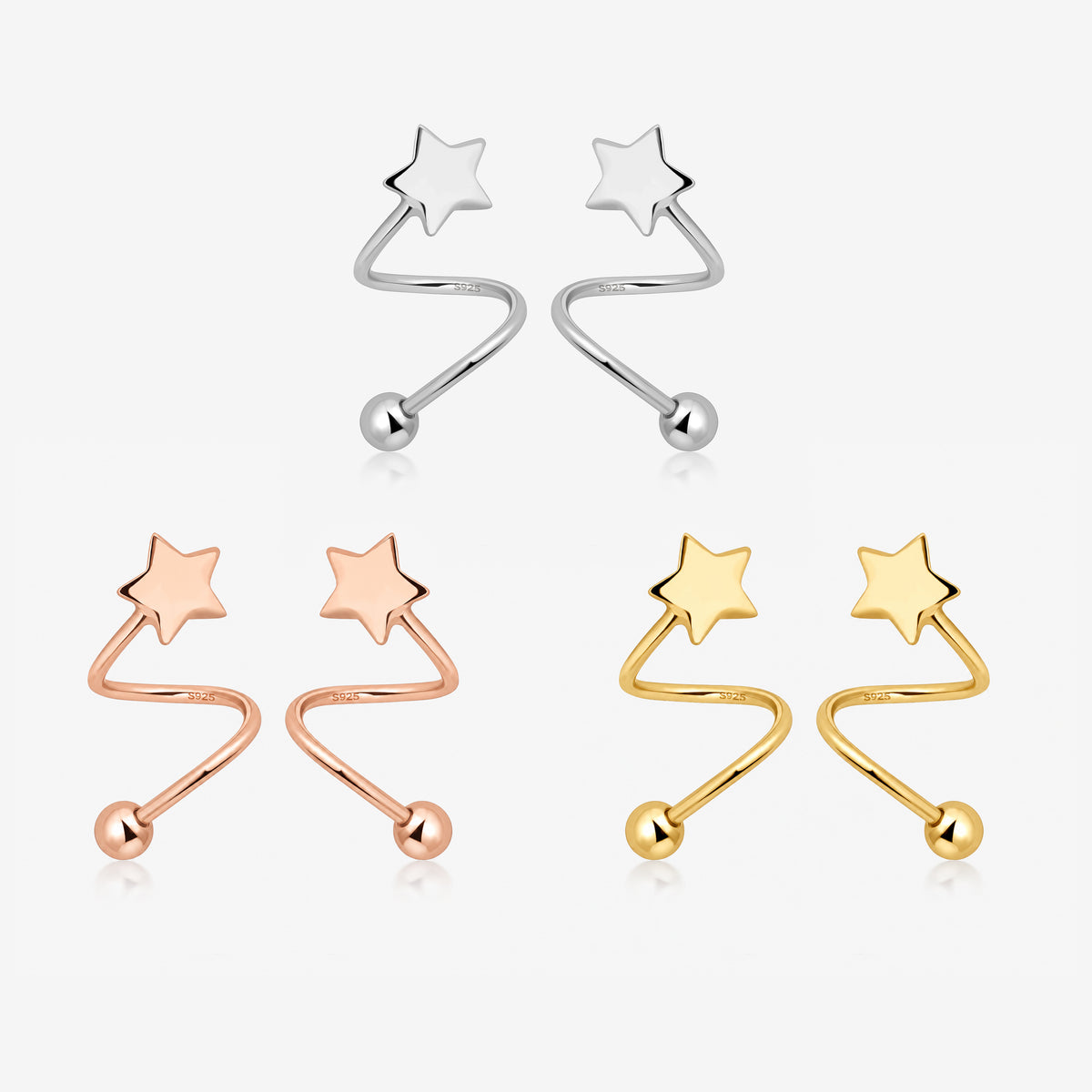 Star Spiral Screw Back Earrings in 925 sterling silver with spiral design, star detail, screw ball back, and silver, rose gold, and gold color options.