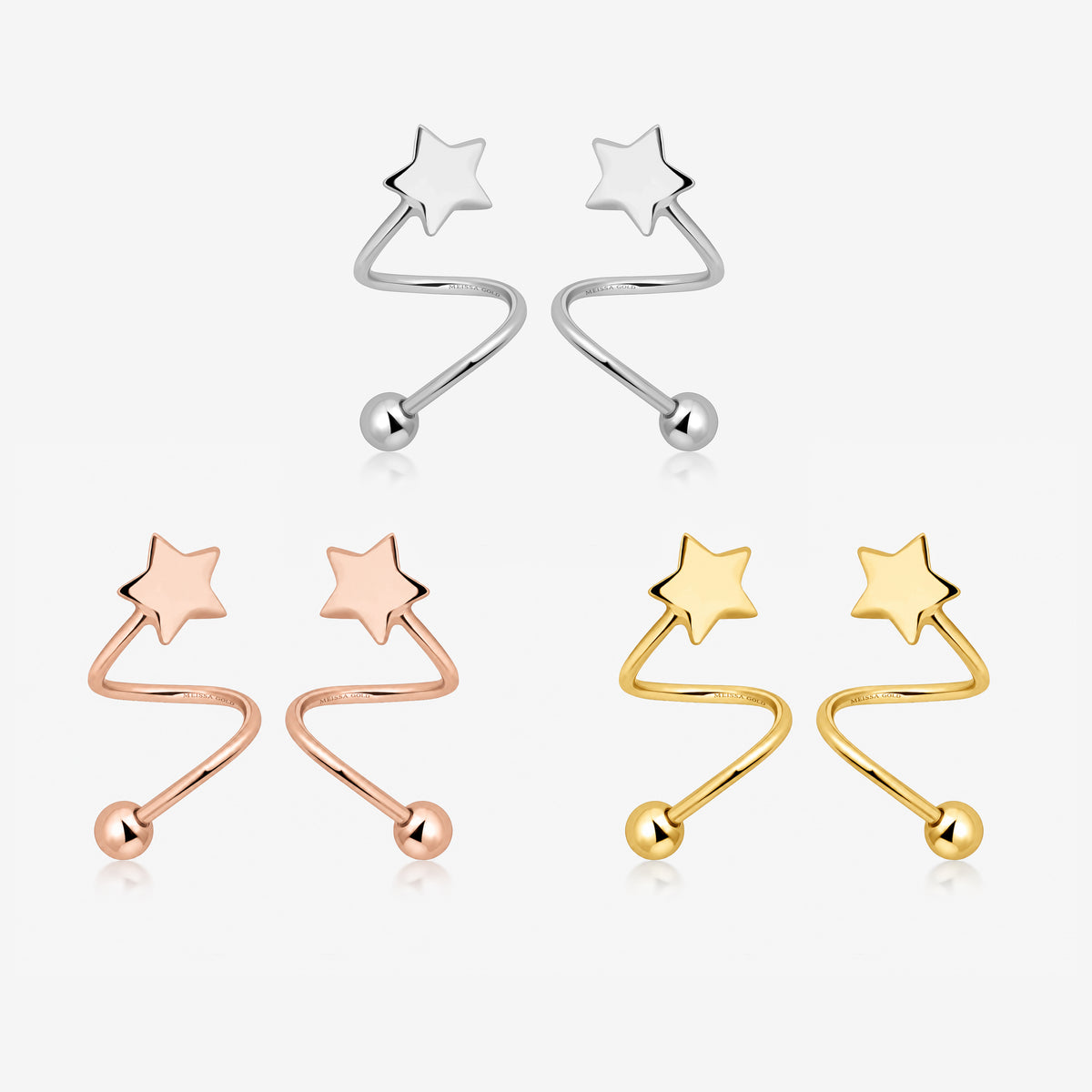 18K Solid Gold Star Spiral Screw Back Earrings with spiral design, star detail, screw ball back, and white, rose, and yellow gold options.