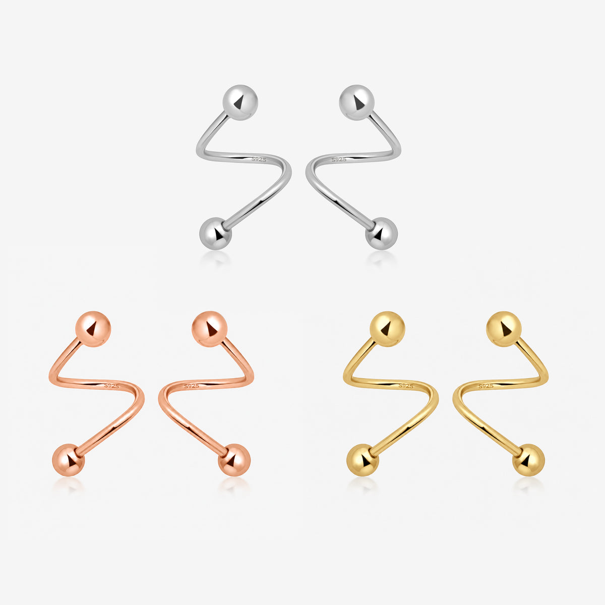 Ball Spiral Screw Back Earrings in 925 sterling silver shown in silver, rose gold and gold color options with a curved spiral design and polished ball ends.