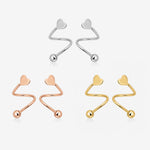 18K Solid Gold Heart Spiral Screw Back Earrings in white, rose, and yellow gold, featuring matching spiral designs with polished heart fronts and round screw back ends.