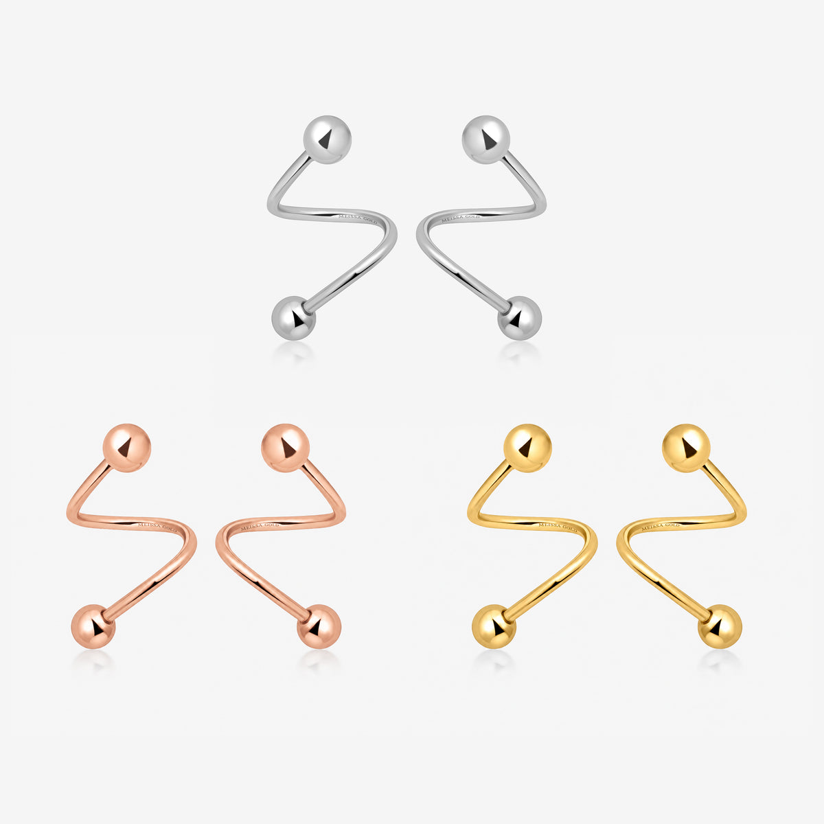 18K Solid Gold Ball Spiral Screw Back Earrings shown in white, rose , and yellow gold color options with a curved spiral design and polished ball ends.