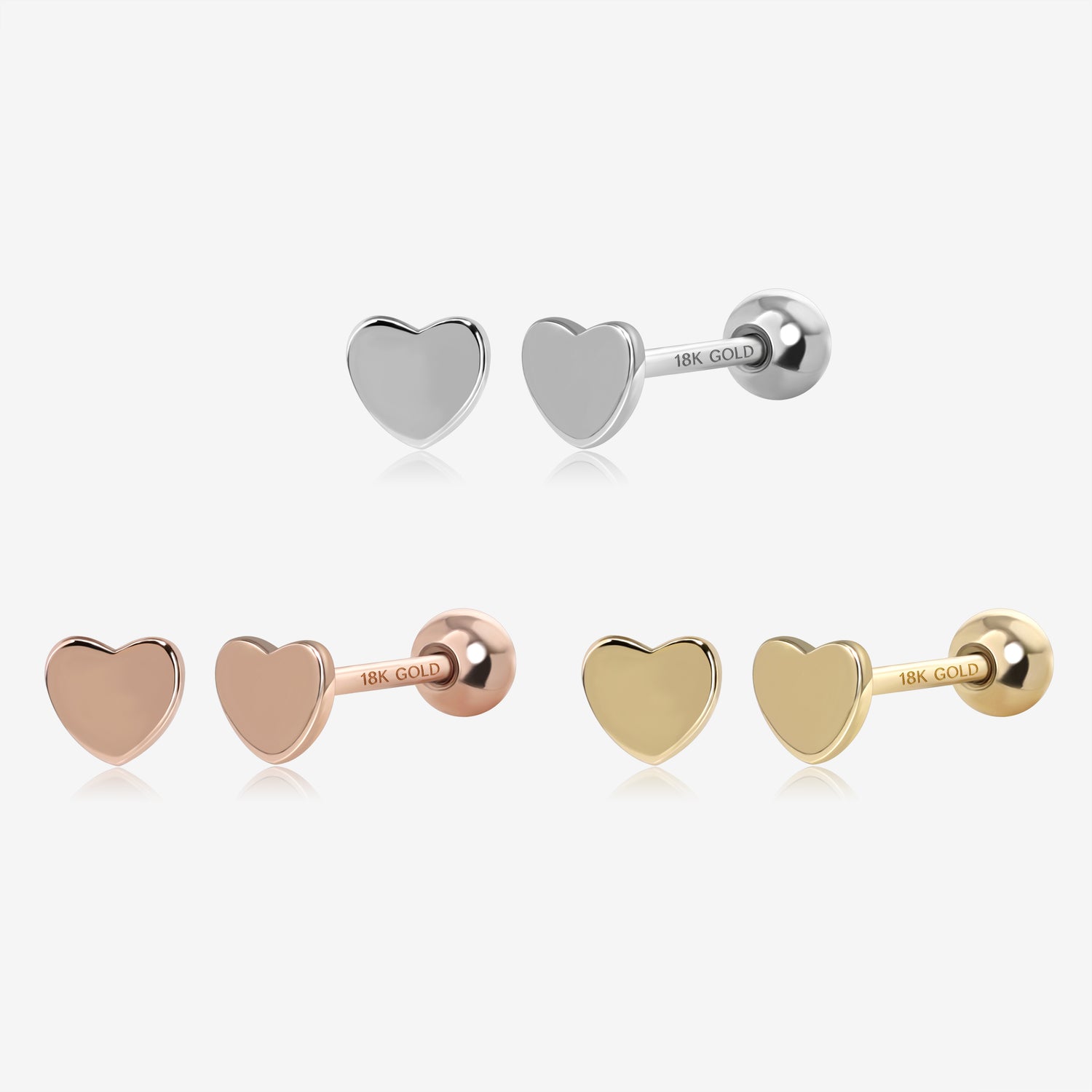 18K Solid Gold Simple Heart Screw Back Earrings